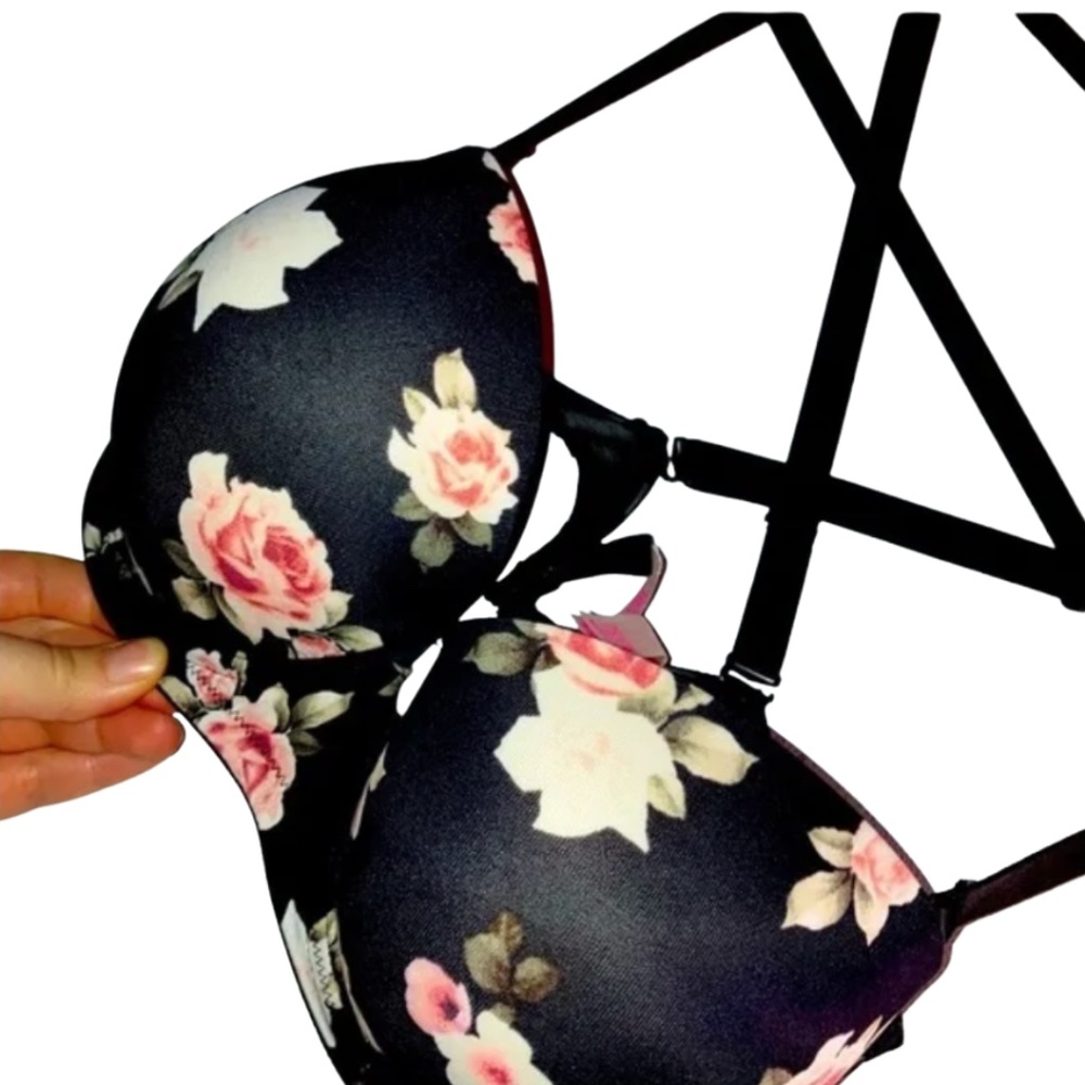 36D | Black Floral Strapless Push Up Bra